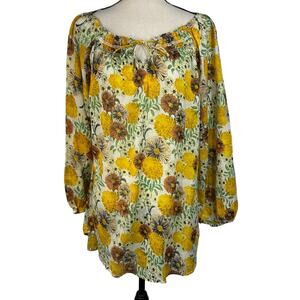 Boho Jane Medium Tunic Top Floral Long Balloon Sleeves Semi-Sheer Keyhole Neck